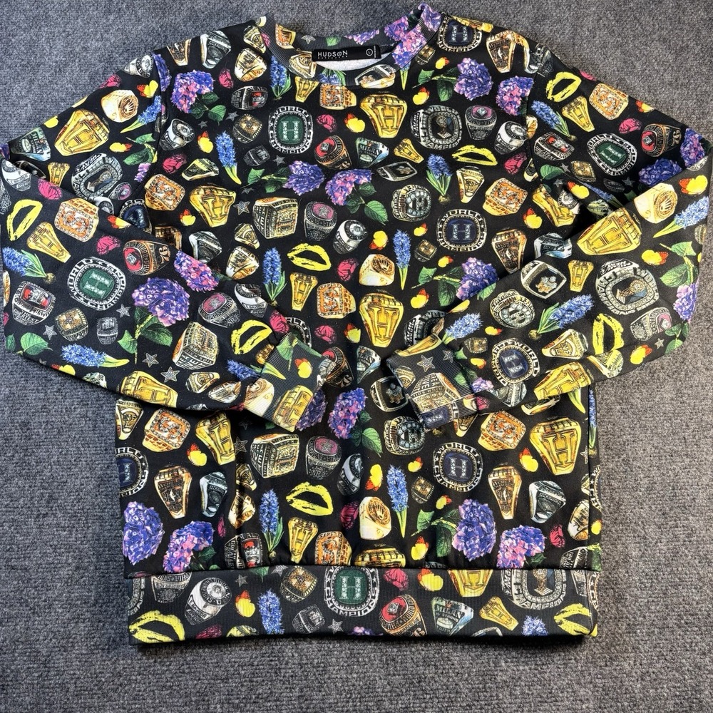 Hudson Outerwear Sweatshirt Mens Large Black Championship Ring Floral Streetwear